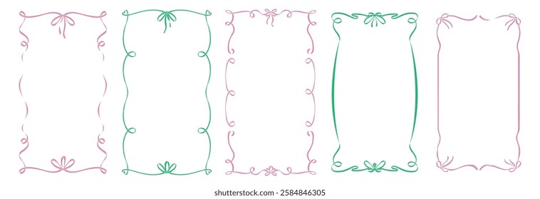 Quirky trendy Frames set, Hand Drawn pink and green Borders with bows for Wedding Invitation, Whimsical frames for birthday card, Squiggly and Wavy Borders. Minimalist line art. Flat vector