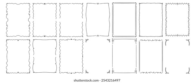 Quirky Trendy Monoline Frame, Hand Drawn Borders with bows for Wedding Invitation. Free hand drawn rectangle frames set. Doodle rectangular shape. Scribble pencil square text box.