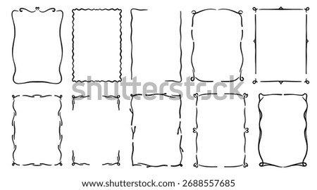 Quirky trendy monoline frames with cute bows. Hand drawn rectangle borders perfect for wedding invitations, cards, and creative design projects. Doodle pencil square text box vector set.