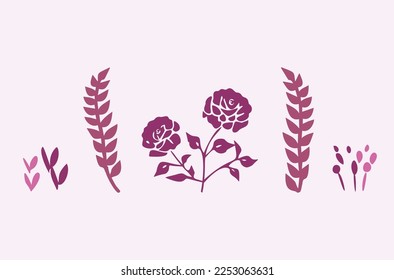 Quirky vector botanical plant set. Whimsical collection of flower illustration for viva magenta color of the year.