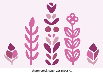 Quirky vector botanical plant set. Whimsical collection of flower illustration for viva magenta color of the year.