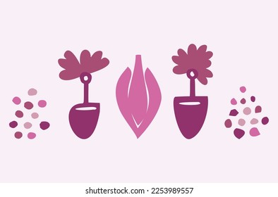 Quirky vector botanical plant set. Whimsical collection of flower illustration for viva magenta color of the year.