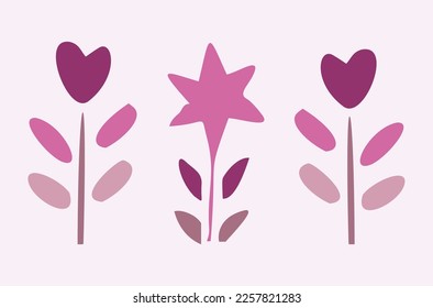 Quirky vector botanical plant set. Whimsical collection of flower illustration for viva magenta color of the year.