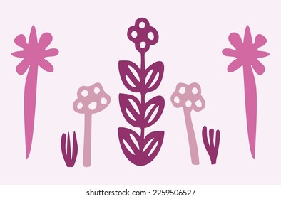 Quirky vector botanical plant set. Whimsical collection of flower illustration for viva magenta color of the year.