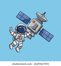 Quirky vector cartoon of a space explorer seated on the moon, giving a thumbs-up while holding a tiny satellite.