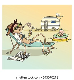 Quirky vector drawing of bikini lady on sunbed with kid and caravan sunny background