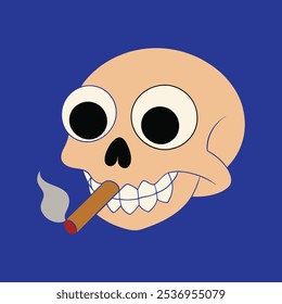 Una Ilustración vectorial estrafalaria de una calavera con una sonrisa traviesa, con un sombrero o gafas de sol, que sopla humo de un cigarrillo o pipa, perfecto para diseños atrevidos y juguetones.