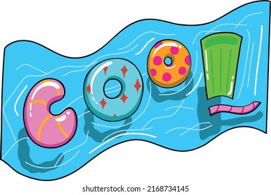 Quirky vector solo sticker with the word COOL spelled out in pool floaties in an isolated squiggle pool, fun summertime water activity design