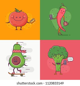 Quirky vegetables on city daily activities. Funny tomato, pepper girl, avocado and broccoli shopping, chatting, and skateboarding. Vegan and vegetarian characters for social network advertising.
