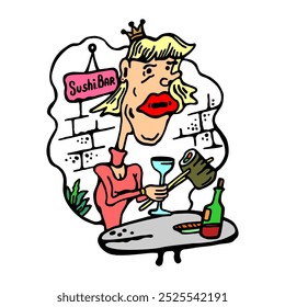 A quirky, vibrant cartoon illustration of a woman with exaggerated features enjoying sushi and wine at a sushi bar, combining humor and comics art style.