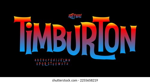 Quirky vivid alphabet, playful serif letters, funny entertaining font for bright eerie movie logo, tim burton style headline, Halloween mystery typography, game design. Vector typographic design