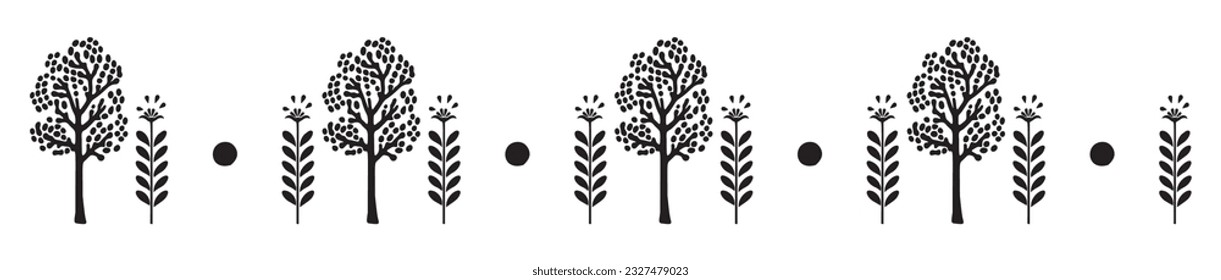Quirky woodland tree scandi linocut vector border. Washi tape design in forest block print style for monochrome ink sketch graphic. 
