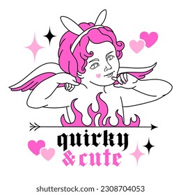 Quirky Y2K aesthetic glamour angel. Cute gothic cupid with bunny ears. Print with fun weird character, slogan surrounding by hearts. Goth graphic, 90s, 00s anti valentine style.