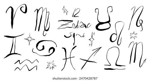 Quirky zodiac signs set, horoscope icons with stars in black color and white, vector illustration