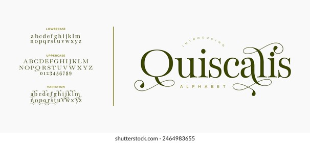 Quiscalis elegant font alphabet uppercase lowercase and number. Classic lettering minimal fashion designs. Typography modern serif fonts regular decorative vintage concept. Vector illustration