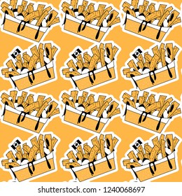 Quisine of Quebec. Poutine: dish consisting of French fries and cheese curds topped with a brown gravy. Seamless background pattern. Vector illustration 