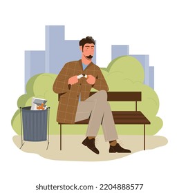 Quit cigarettes concept. Man sits on bench in park and breaks cigarette. Motivation, giving up bad habits, nicotine, tobacco, active lifestyle and health care. Cartoon flat vector illustration