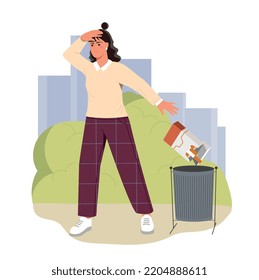 Quit cigarettes concept. Young girl throws away packaging in trash can. Healthy lifestyle and fight against bad habits. Refusal of nicotine and tobacco metaphor. Cartoon flat vector illustration