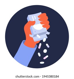 Quit drugs. The hand pours the pills out of the package. Stop pills addiction, drug-free. A vector cartoon illustration.