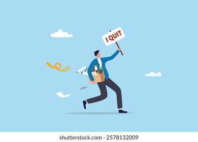 Quit full time job, resignation or end career, change job leaving company, employee termination, unemployment or burnout dissatisfaction exit layoff concept, businessman with stuff with quit job sign.