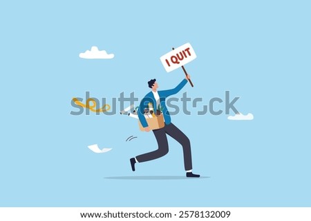 Quit full time job, resignation or end career, change job leaving company, employee termination, unemployment or burnout dissatisfaction exit layoff concept, businessman with stuff with quit job sign.