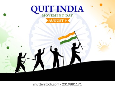 Ilustración vectorial del Día del Movimiento de India el 9 de agosto con bandera india y silueta popular en caricatura plana dibujando plantillas de fondo