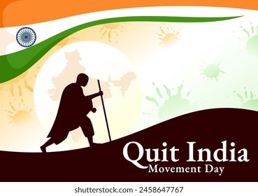 Ilustración vectorial del Día del Movimiento de la India el 8 de agosto con la bandera de la India y la silueta de las Personas en el diseño plano del fondo de la historieta