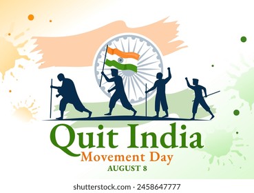 Ilustración vectorial del Día del Movimiento de la India el 8 de agosto con la bandera de la India y la silueta de las Personas en el diseño plano del fondo de la historieta