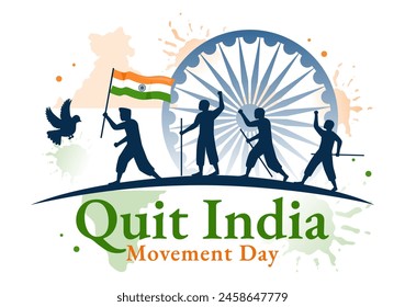 Ilustración vectorial del Día del Movimiento de la India el 8 de agosto con la bandera de la India y la silueta de las Personas en el diseño plano del fondo de la historieta