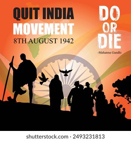 Quit India Movement Day Vektorillustration am 8. August mit indischer Fahne und Menschen Silhouette in flachen Cartoon Hintergrund Design