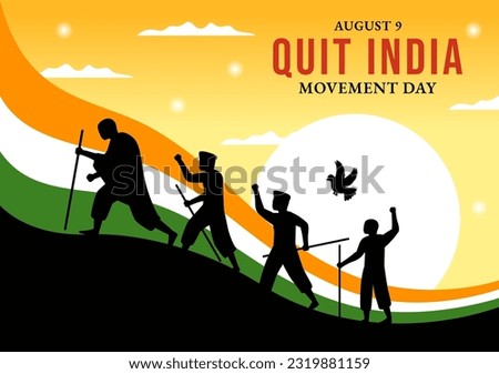 Quit India Movement Day Vector Illustration on 9 August with Indian Flag and People Silhouette in Flat Cartoon Hand Drawn Background Templates