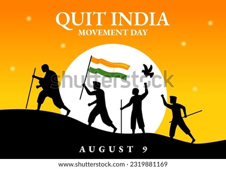 Quit India Movement Day Vector Illustration on 9 August with Indian Flag and People Silhouette in Flat Cartoon Hand Drawn Background Templates