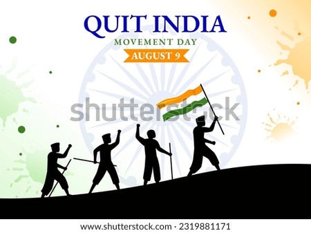 Quit India Movement Day Vector Illustration on 9 August with Indian Flag and People Silhouette in Flat Cartoon Hand Drawn Background Templates