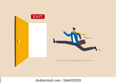 Quit routine job, leaving or escape way for business dead end to be success or exit from work difficulties concept, businessman worker in suit running in hurry to emergency door with the sign exit.