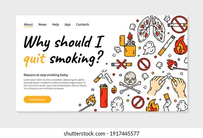 Quit smoking cigarette vector landing page or banner in doodle style. Concept of bad habits for Nicotine Dependence Clinic.