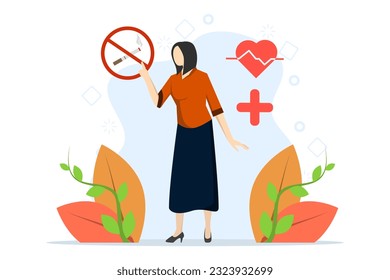 Quit smoking concept, healthy habit. Woman with quit smoking sign. Ex-smoker with new health life. no tobacco day. Vector illustration in modern flat cartoon design