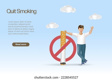 Quit smoking concept. Healthy man with stop smoking sign and cigarette butts. 3D realistic vector.