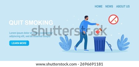 Quit smoking concept. Man throws away packaging in trash can. Stop nicotine addiction. Smokers quitting smoke cigarettes, refusing from tobacco, rejecting from unhealthy bad habit