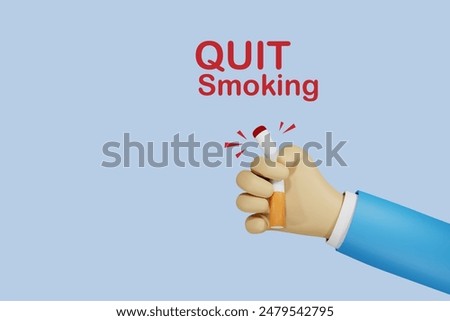 Quit smoking. Hand squeeze cigarette with word "Quit smoking". Stop smoking for better health. 3D cartoon gesture vector.