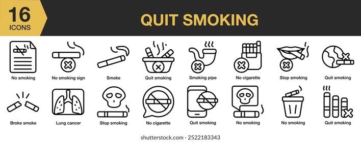 Quit Smoking icon set. Includes broke smoke, lung cancer, no cigarette, and More. Outline icons vector collection.