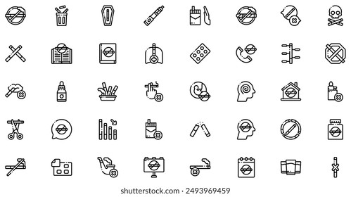 Quit Smoking icons collection is a vector illustration with editable stroke, offering versatility and customization. Perfect for various design needs, it includes high-quality graphics 
