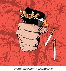 quit smoking illustration, hand squeezing a pack of cigarettes, vector design, hand drawing