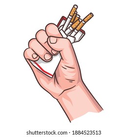 quit smoking illustration, hand squeezing a pack of cigarettes