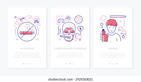 Quit smoking - line design style web banners with copy space for text. Health problems idea. Consequences of a bad habit, vaping, stop sign illustrations. Unhealthy lifestyle, risks for smokers