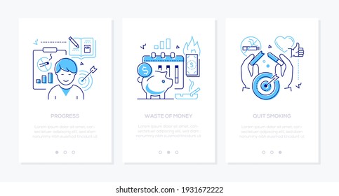 Quit smoking - line design style web banners with copy space for text. Healthcare mobile app idea. Progress, waste of money, goals illustrations. Healthy lifestyle, calendar of days without cigarettes