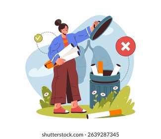 Quit smoking or stop tobacco smoke poster. Vector woman throw cigarette filter in trash can. Bad habit danger or prevention sign. Lung health care and disease awareness. Detox and respiratory recovery