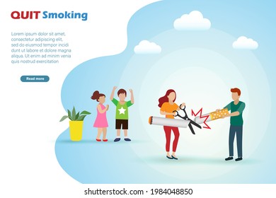 Quit Smoking, Stop Smoking, World No Tobacco Day Concept. Mother Use Scissor Cut Cigarette In Father Hands With Support From Kids.