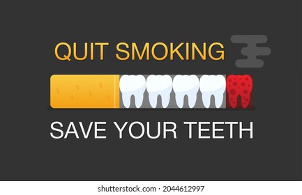 Quit smoking vector design concept. Cigarette burns out and kills the teeth. Save your teeth slogan Vector banner EPS 10