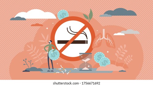 Quit smoking vector illustration. Stop cigarettes tobacco addiction decision tiny persons concept. Fight against unhealthy smoker habit for medical and money saving reasons. No harmful nicotine sign.