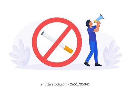 Quit smoking. World No Tobacco Day. Speaker promoting health awareness through stop nicotine addiction. Smokers quitting smoke cigarettes, refusing from tobacco, rejecting from unhealthy bad habit